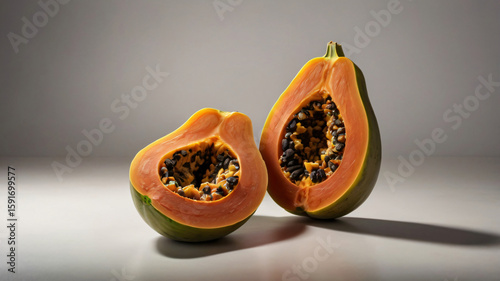 papaya cut in half isolated on gray background copy space