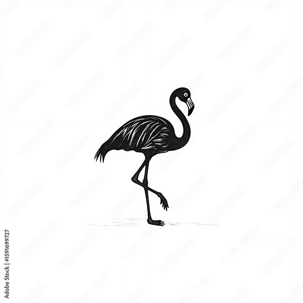 Obraz premium Black flamingo walking elegantly on white background 