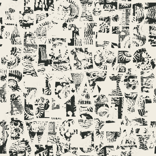 Abstract vector seamless pattern with font consisting of geometric shapes with texture, shells on the theme of paleontology. Fabric, textile, t-shirt design, tiles, wallpaper, wrapping paper. No AI 