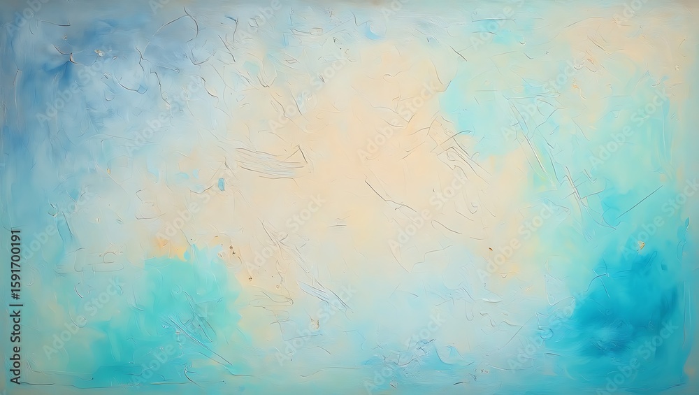 Fototapeta premium Textured abstract painting with vibrant teal, blue, and warm beige brushstrokes creating a serene atmosphere