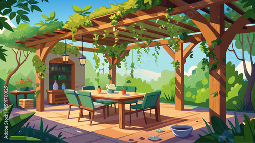 Wooden pergola with climbing vines and dining table set underneath. Backyard retreat