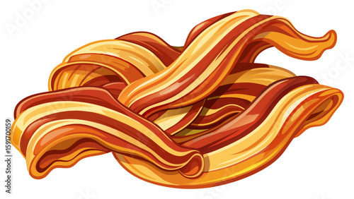Bacon strips curled slightly with crispy edges and glistening fat laid across white background. The golden texture and smoky tone offer a tempting visual for breakfast or brunch vector scenes.

