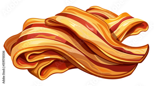 Bacon strips curled slightly with crispy edges and glistening fat laid across white background. The golden texture and smoky tone offer a tempting visual for breakfast or brunch vector scenes.


