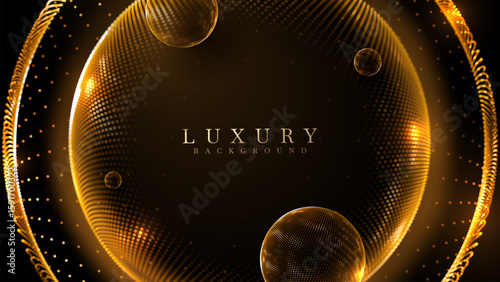 Black luxury abstract background with gold glow particle with neon light effect decoration.