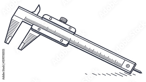 Precise Vernier Caliper Illustration: Technical Drawing, Engineering Design, Measurement Tool, Clean Minimalist Style, Accurate Dimensions, Industrial Theme, Blueprint Aesthetic, Vector Graphic.