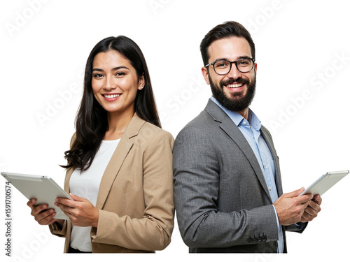 Smiling diverse business professionals a man and a woman holding tablets and looking at the camera isolated on transparent background
