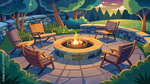Outdoor fire pit with chairs arranged in a circle on a stone patio. Evening gathering setting.