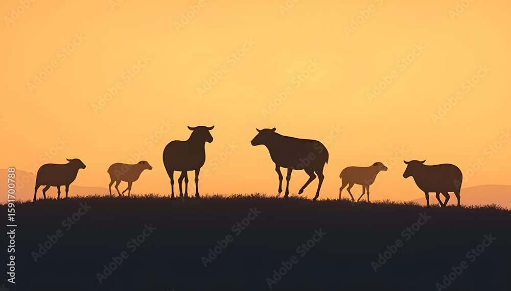 Obraz premium Silhouetted sheep grazing on a grassy hillside against a warm, orange sunset.