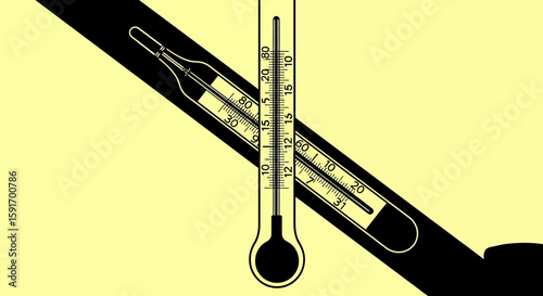 Two vintage-style thermometers, positioned diagonally against a light yellow background, showcasing different temperature readings.