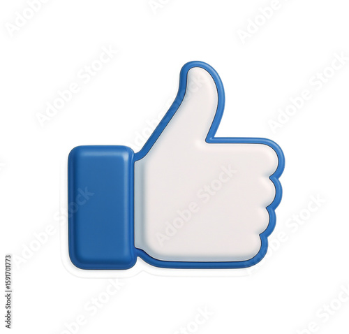 Illustration of a blue thumbs up icon with a white fill on a white background in a rendered style