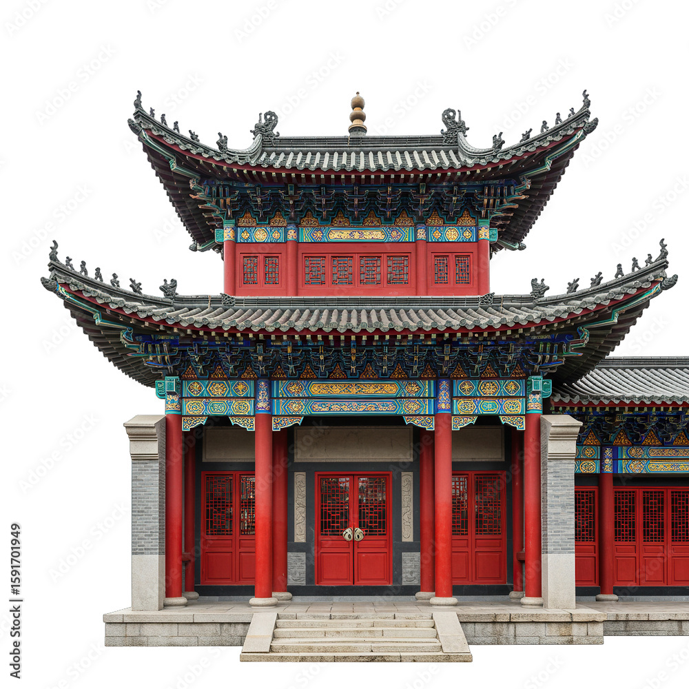 Fototapeta premium A colorful chinese temple with traditional architecture isolated on white isolated on transparent background