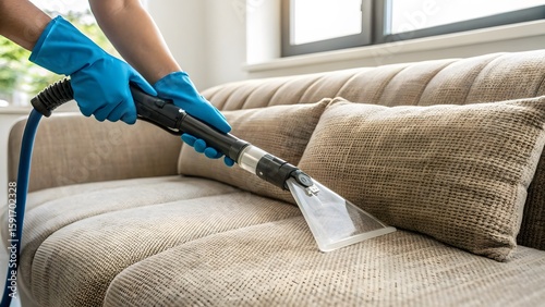 Professional Upholstery Cleaning: Close-up of Gloved Hands Using a Steam Cleaner on Beige Sofa.