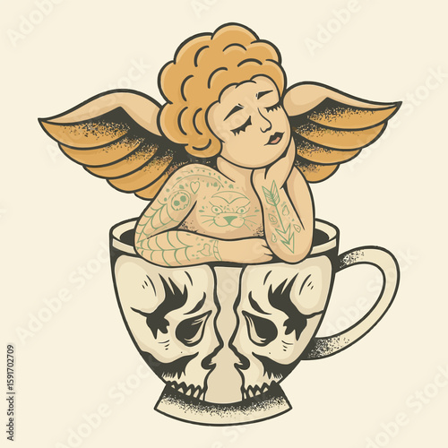 Pensive Angel with Tattoos Sitting in Skull Cup Vintage Illustration