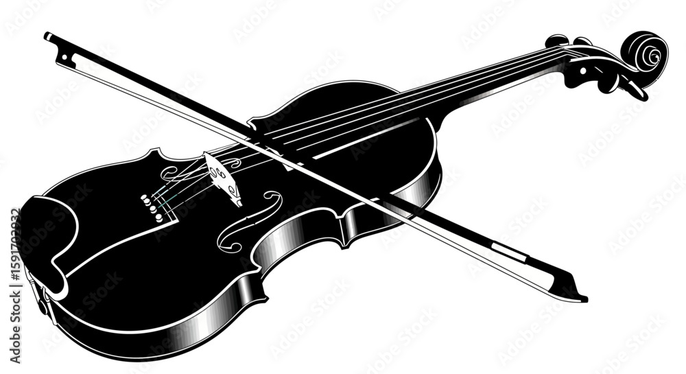 Obraz premium A black and white illustration of a violin with its bow, angled diagonally.