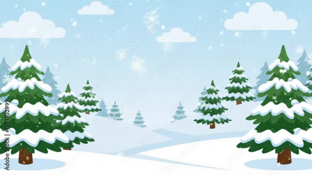 Cartoon winter landscape with snowcovered trees and clouds in a blue sky Cartoon winter landscape with snowcovered trees and clouds in a blue sky