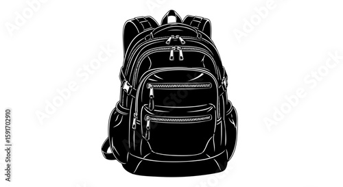 A black backpack with multiple compartments and zippers, ready for carrying items.