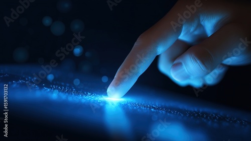 A hand's fingertip touches a glowing, blue interactive surface