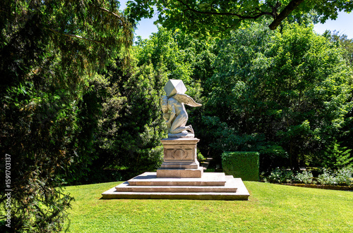 Galzignano Terme, Padua, Italy-May 17, 2025: The Statue of Time symbolises how the human soul traverses the confines of the human body within space and time.