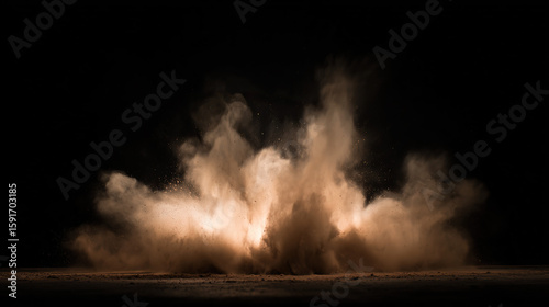 Abstract brown powder explosion in mid-air against a dark background, captured with dynamic motion.