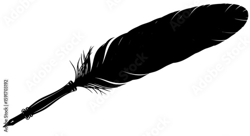 A black quill pen with intricate details, lying diagonally across a white background.
