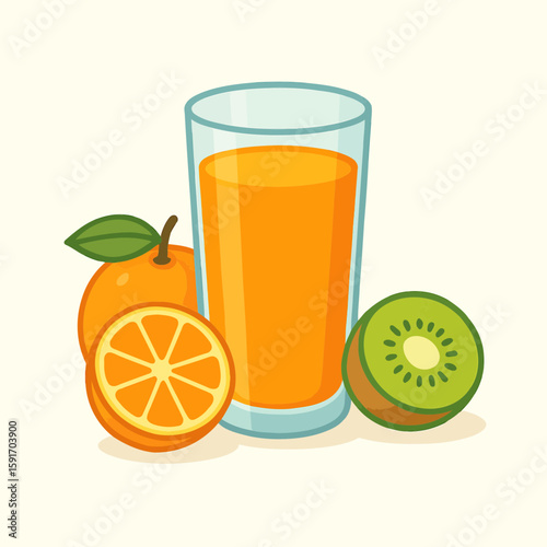 Orange Juice with Kiwi and Orange Fruits – Flat Vector