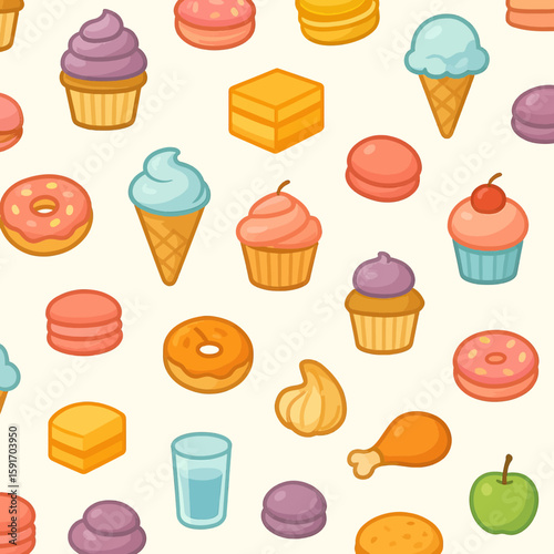 Sweet Desserts Seamless Pattern – Flat Vector Illustration
