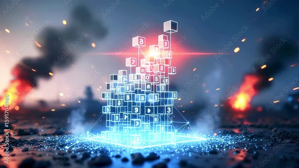 Futuristic digital structure emerging from a rocky landscape amidst explosions and smoke in background