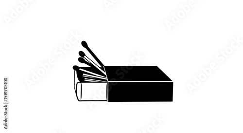 A black and white illustration of an open matchbox with several matches partially extended.