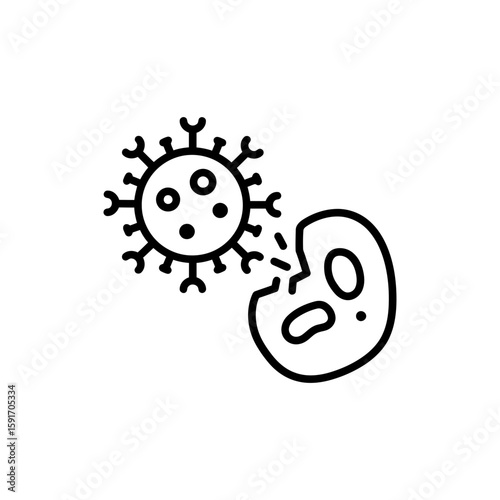 Thin line icon of virus breaking into a host cell for virology visuals