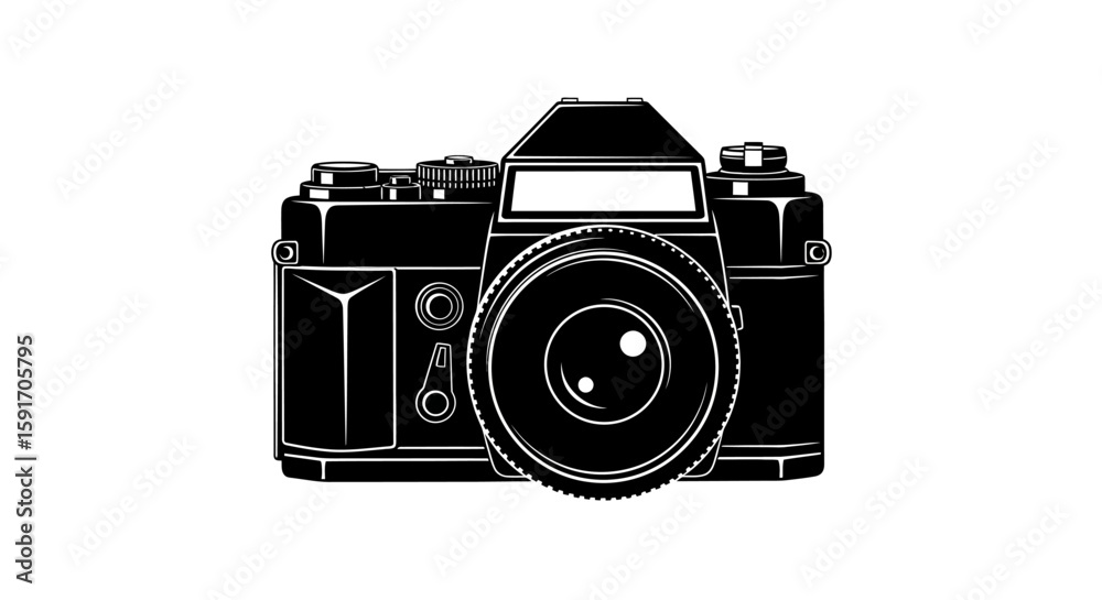 Fototapeta premium A detailed black and white illustration of a classic analog camera.