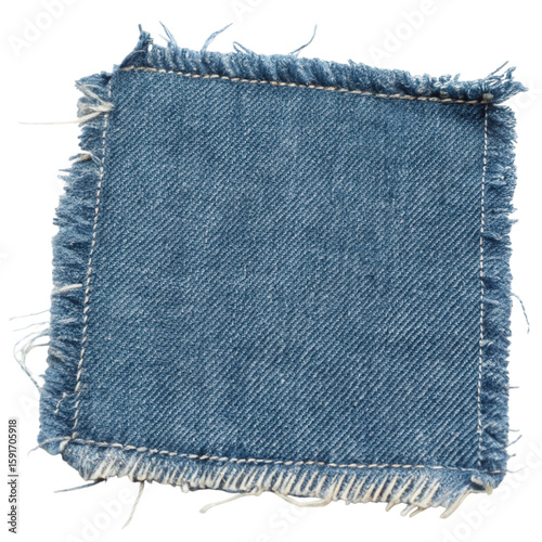 Textured denim patch with frayed edges isolated on a white background for craft and sewing projects