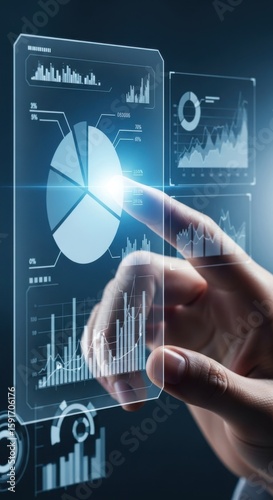 Hand touching futuristic holographic screen with financial charts and data technology finance
