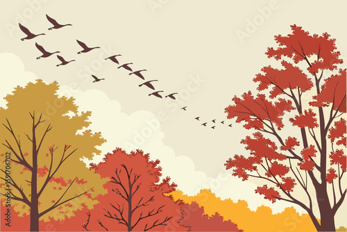 Autumn Sky Geese Flying Treetops vector illustration