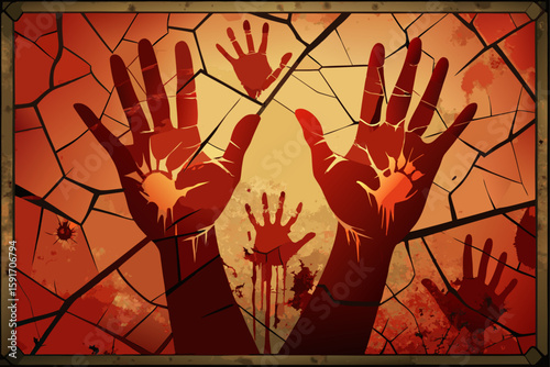 Bloody Handprints Cracked Glass vector illustration