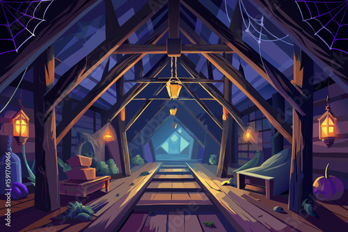 Creepy Attic Cobwebs Mysterious Light vector illustration