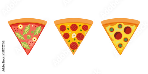 Pizza slice icon. Piece of pizza peperoni vector illustration. Pizzeria logo. Salami pizza symbol. Fast food sign in three different styles isolated.