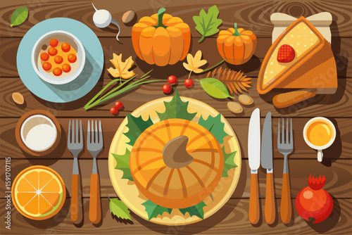 Thanksgiving Food Flat Lay Rustic vector illustration