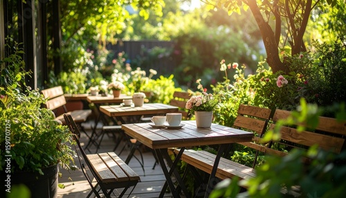 A serene outdoor cafe scene drenched in golden sunlight, Charming garden cafe with tables and chairs nestled amongst lush greenery