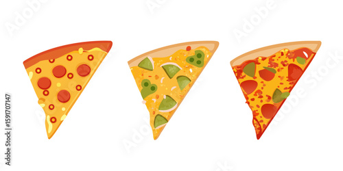 Pizza slice icon. Piece of pizza peperoni vector illustration. Pizzeria logo. Salami pizza symbol. Fast food sign in three different styles isolated.