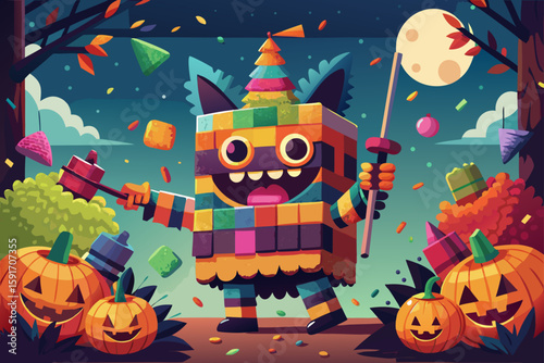 Halloween Pinata Bursting Treats vector illustration