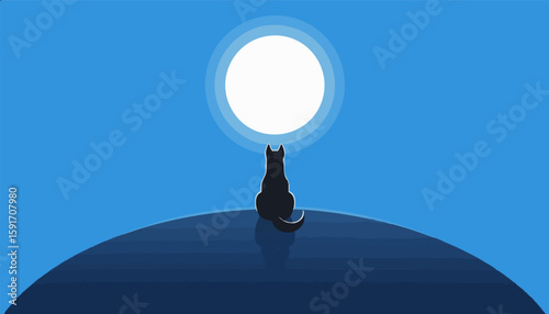 Vector Dog Staring at the Full Moon — Blue Theme