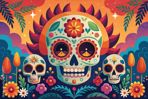 Sugar Skulls Colorful Background vector illustration