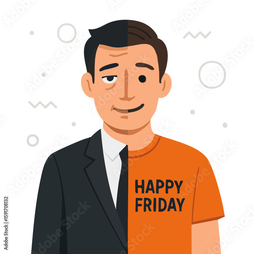 "Happy Friday" concept with a man transitioning from business to casual