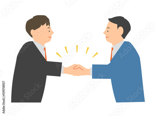 同意や合意、契約成立などで、手をがっちり組み合う２人の男性ビジネスマンのイラスト