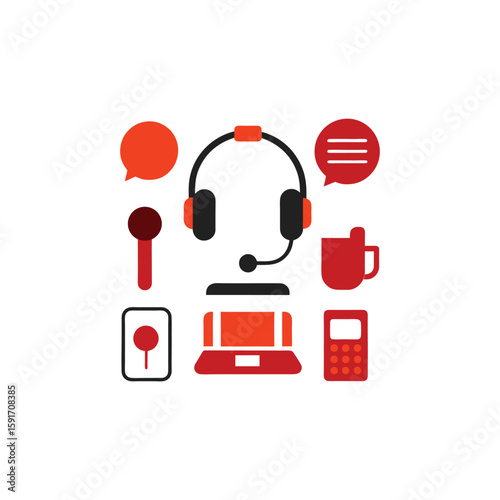 Vector art of customer service icons including headset, microphone, laptop, and phone