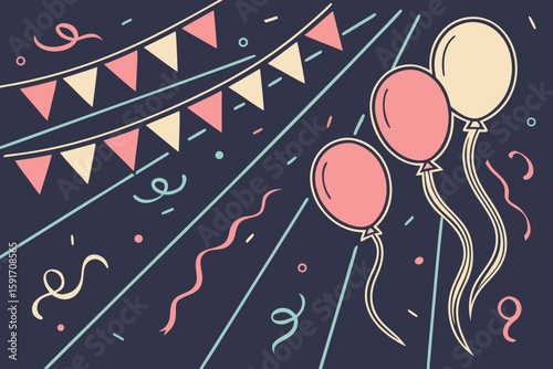 Dark Background with Glowing Ribbons and Balls vector illustration