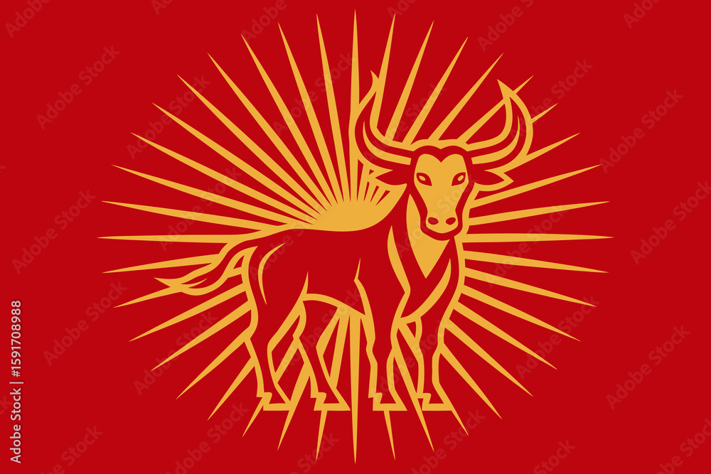 Fototapeta premium Minimal Vector Style Gold Ox on Red Sunburst vector illustration