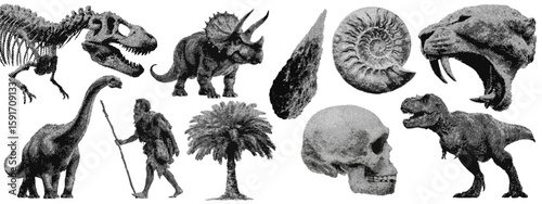 Set of prehistoric dinosaur halftone grunge vector design elements