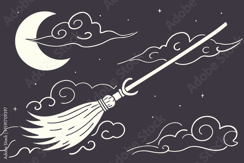 Witch's Broomstick Flying Through Cloudy Night vector illustration