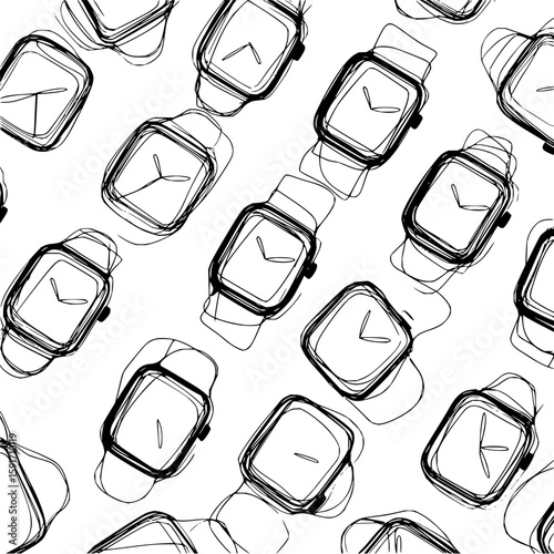 Seamless pattern of stylized smartwatches with square faces and wristbands in black and white office life